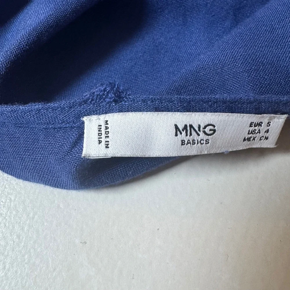 Mango MNG Basics Blue Linen Blend Button Front Romper‎ Tie Waist Women Size 4 S